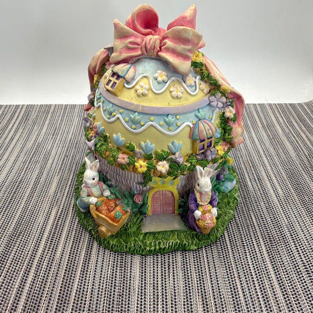 Vintage Easter Egg House Musical Figurine Resin Bunny Rabbit Pastel Decor 5"
